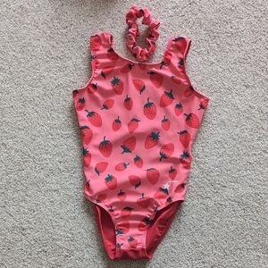 Destira Strawberry Print Pink Gymnastics Leotard Size XS with Scrunchie
